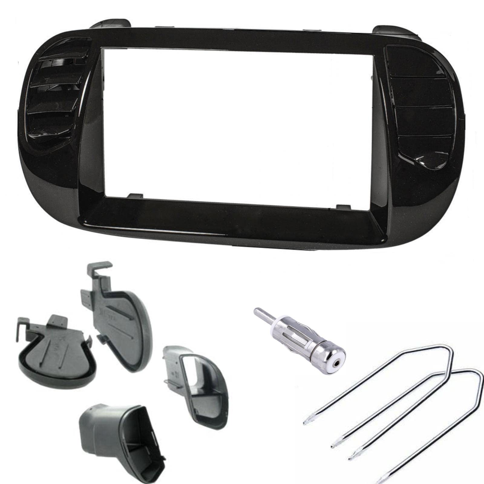 Sound Way Double DIN Car Radio, 2 DIN Front Panel Frame, Air Vents, Antenna Adapter, Release Keys, compatible with Fiat 500 (2007-2015), Glossy Black