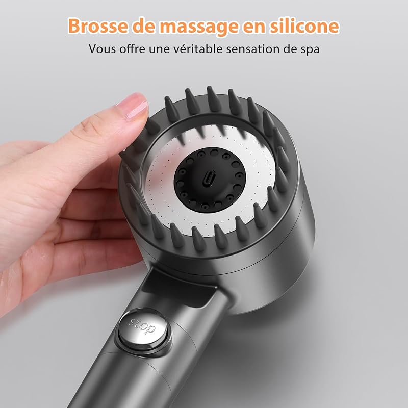 Pommeau de Douche Anti Calcaire avec 15 Étapes Filtre et avec Tuyau 1,5M, Filtre Douche 3 + 1 Types de Jets Pommeau Économie Deau Haute Pression