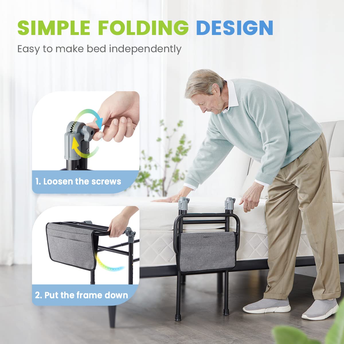 OasisSpace Foldable Bed Rail for Elderly Adults- Height Adjustable Bed Support Bar with Storage Pocket, Medical Bed Safety & Assisting Rails for Getting in & Out of Bed with Floor Support