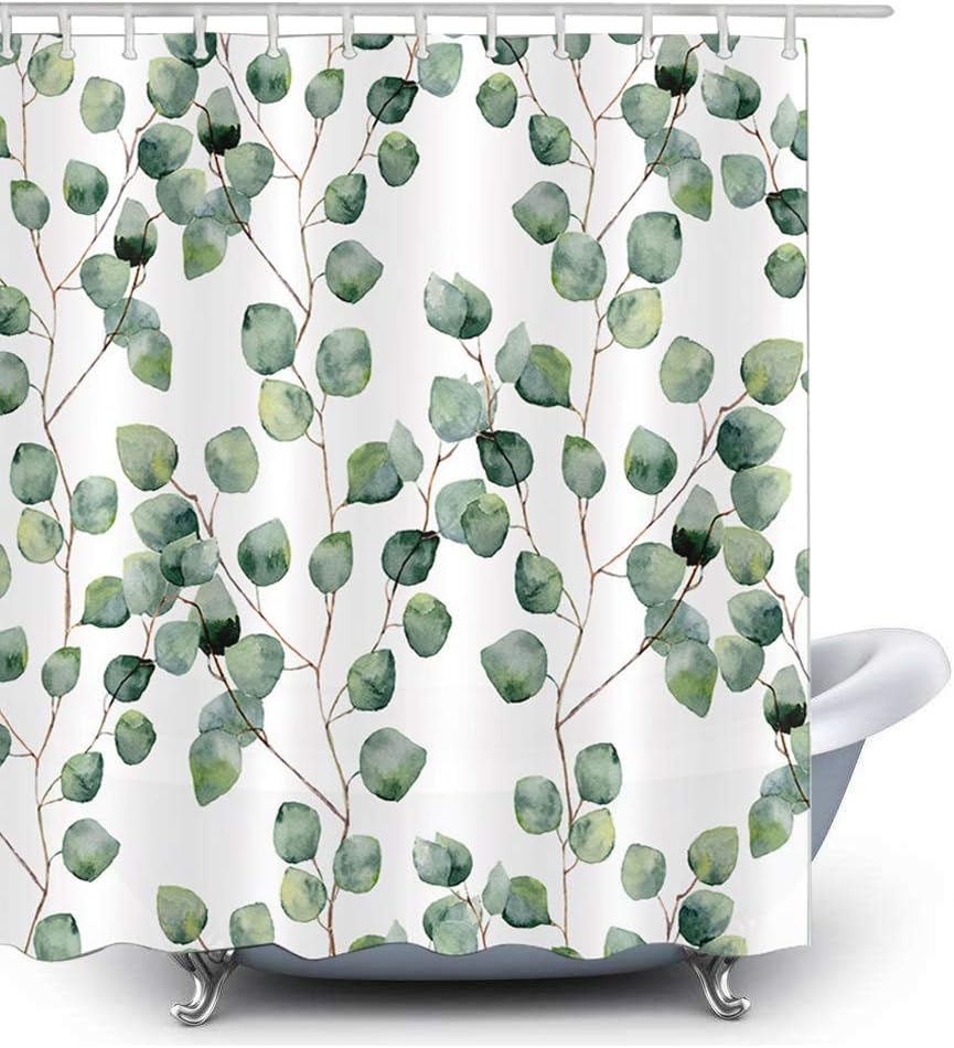 HLILOP Shower Curtain Polyester Fabric 71W X 71L Inches Green White with Hooks for Bathroom