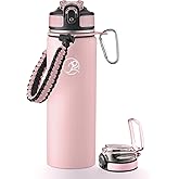 GOSWAG Insulated Sports Water Bottle, 24oz 2 Lids(with Straw/No Straw), Stainless Steel Water Bottles with Paracord Handle, Insulated Bottle with Double-Wall Vacuum Insulation