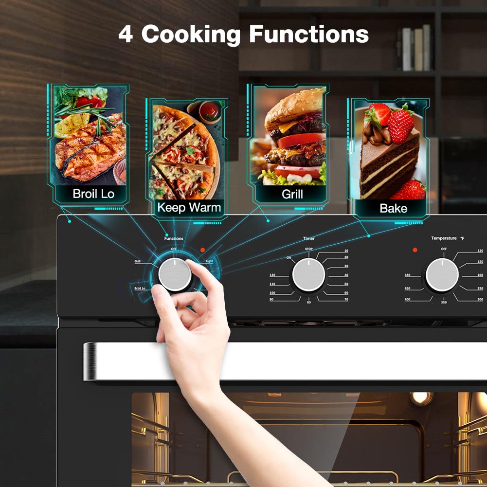 24 Inch Single Wall Oven, ETL Certified, ThermoMate 2.79 Cu. Ft. Built-in Electric Wall Oven with 5 Cooking Functions, Built-in Ovens with Anti-Mistouch Knob, Black Tempered Glass Finish