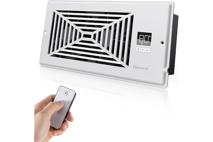BIOWIND Quiet Register Booster Fan Fits 4" x 10" Register Holes, 10-Speed Smart Heating Cooling AC Vent Fan with Remote Control and Thermostat Control - White