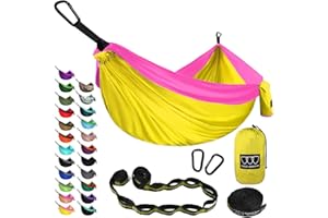 Gold Armour Camping Hammock - XL Double Hammock Portable Hammock Camping Accessories Gear for Outdoor Indoor with Tree Straps, USA Based Brand (Yellow and Pink)