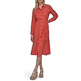 DKNY Womens Long Sleeve Collared Tie Midi Shirtdress