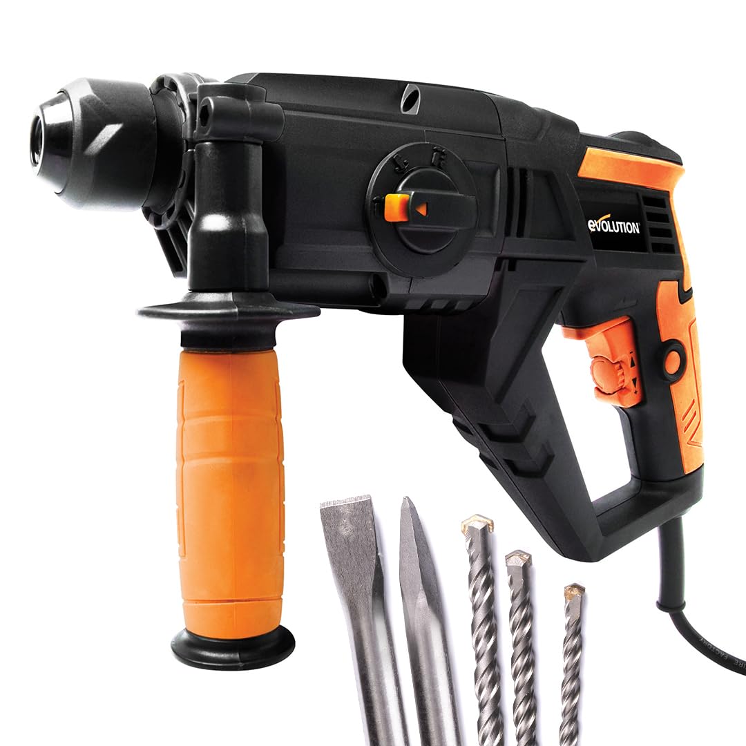 Evolution Power Tools SDS4-800 Hammer Drill 4 Functions - Drill, Chisel, Rotation, Hammer, 5 x Attachments Included (110 V)