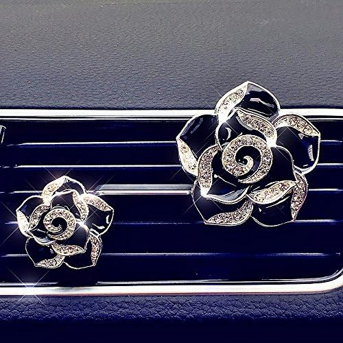 Follicomfy 2pcs Car Air Freshener Aromatherapy Essential Oil Diffuser Diamond Locket with Camellia Flower Perfume Fragrance Diffuser Vent Clip,Car Bling Interior Accessories(Black)