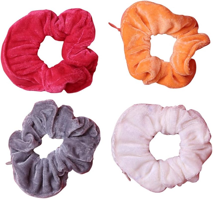 NNR Matkooz Girl's velvet hair scrunchies/Hair tie rubber band Style Wallet with secret pocket - Pack of 4 pcs , Multicolour