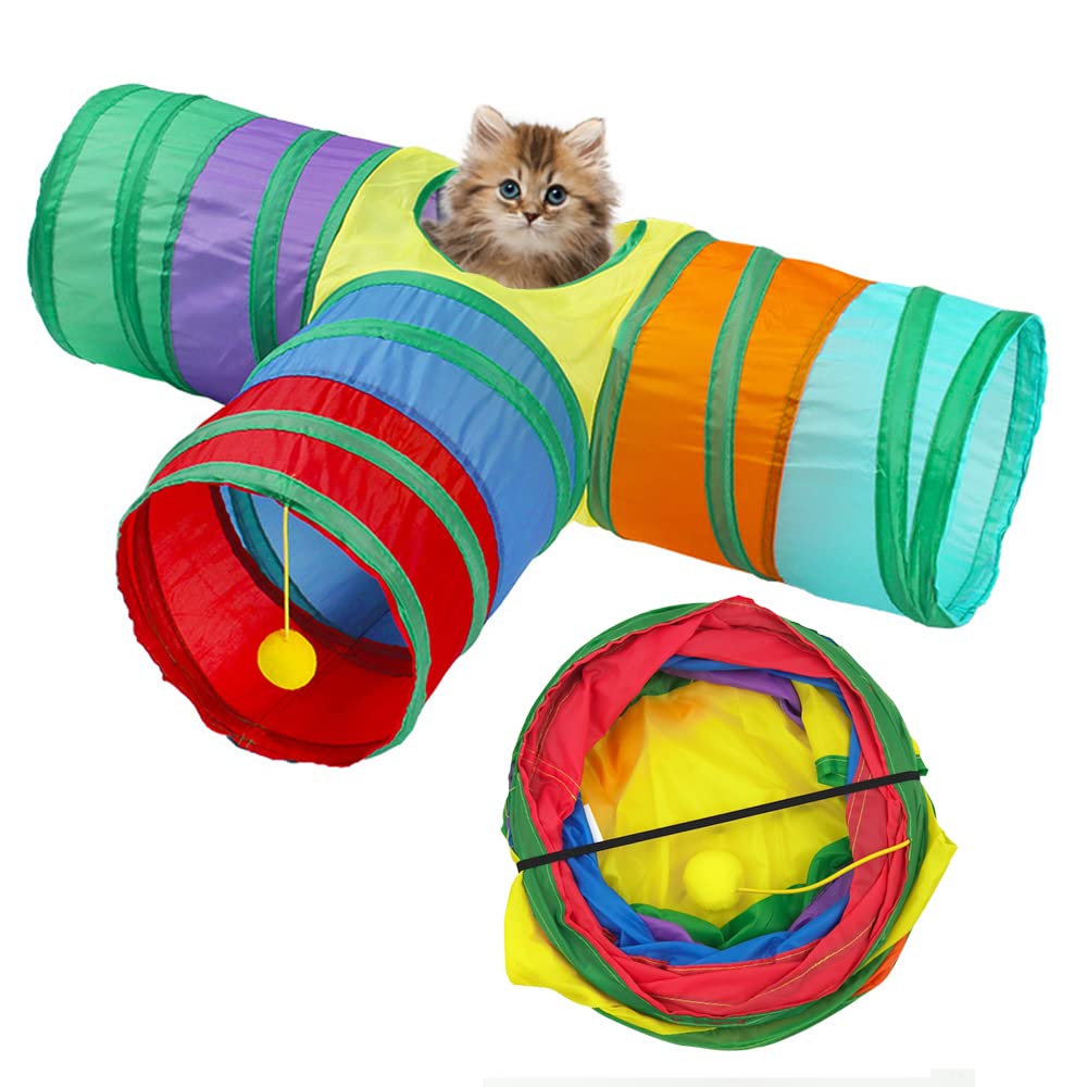 Kitten Tunnel Tube,Cat Tunnel 3 Way Foldable Pet Tunnel Small Animal Activity Toys,Small Animals Exercising Hiding Training and Running with Fun (Colorful)
