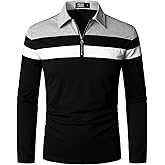 HOOD CREW Men’s Long Sleeve Polo Shirt Casual Slim Fit Shirts Contrast Color Patchwork T Shirts Cotton Tops