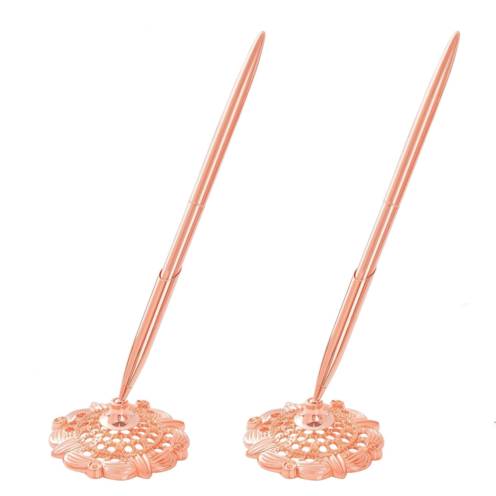 Rayibuir 2 Pieces Hollow Round Pen Holder Signing Pen Set for Wedding Bridal Engagement Guests Book Valentine's Day Favor (Rose Gold)