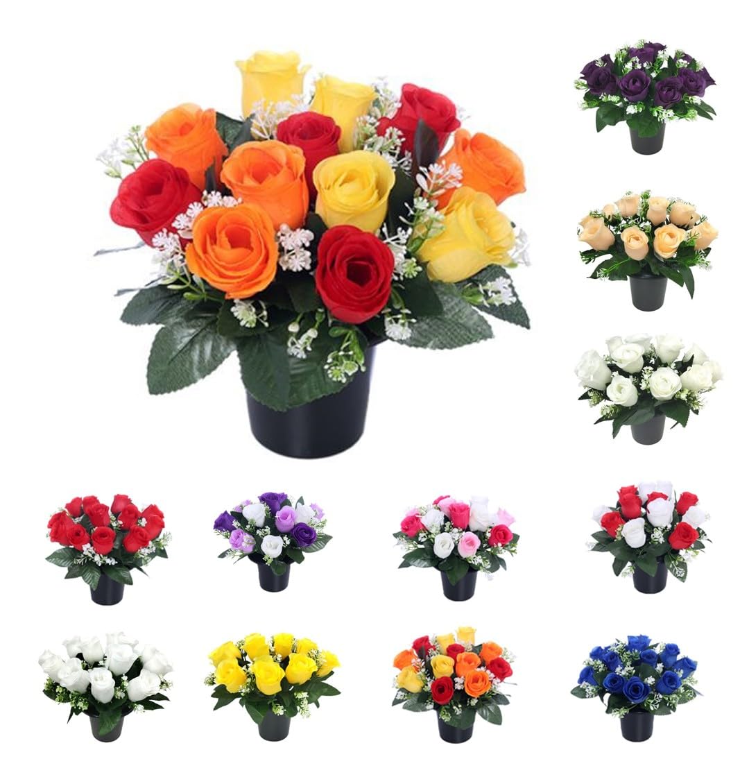 Mr. Barry's artificial grave flower pot with foam insert | realistic funeral flowers | cemetery & memorial floral decorations for graveside use | yellow, orange & red roses