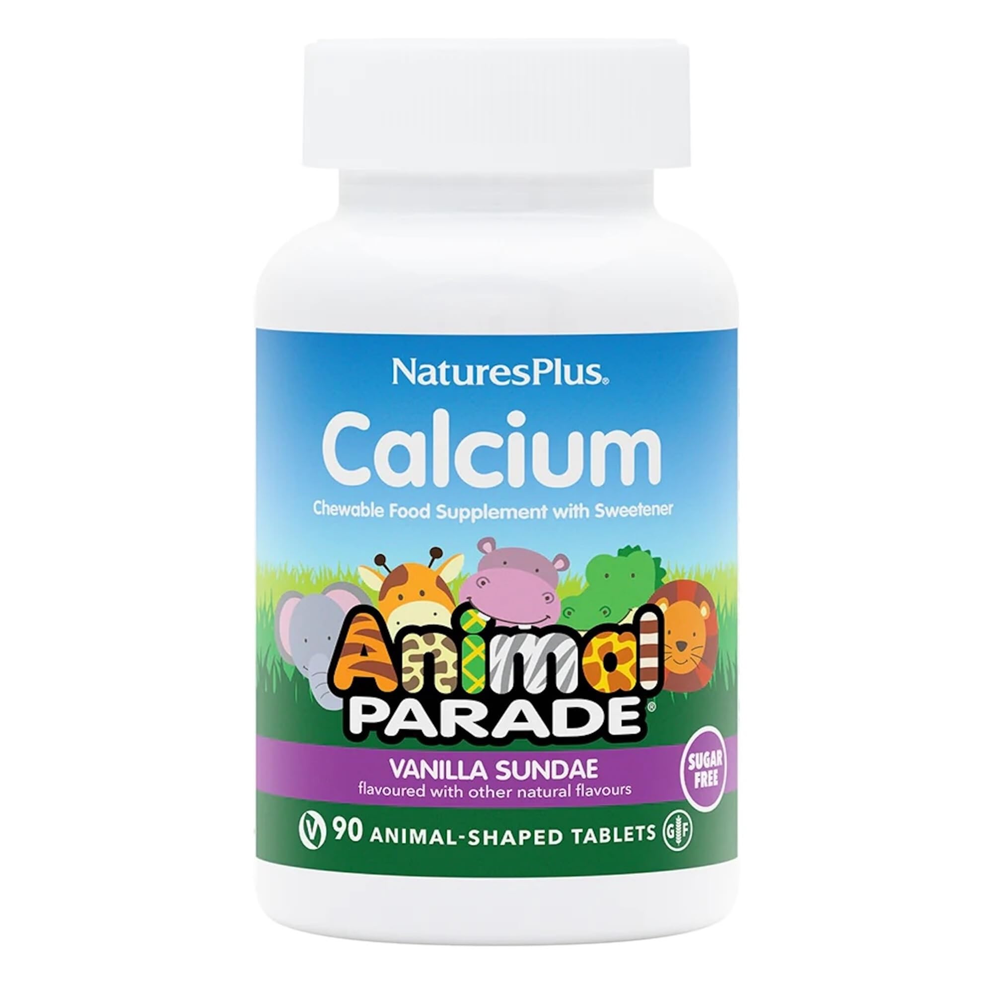 NaturesPlus Animal Parade Children's Calcium Sugar-Free - Chewable Calcium and Magnesium Formula for Kids - Vanilla Sundae Flavour, Vegan, Gluten Free - 90 Animal Shaped Tablets