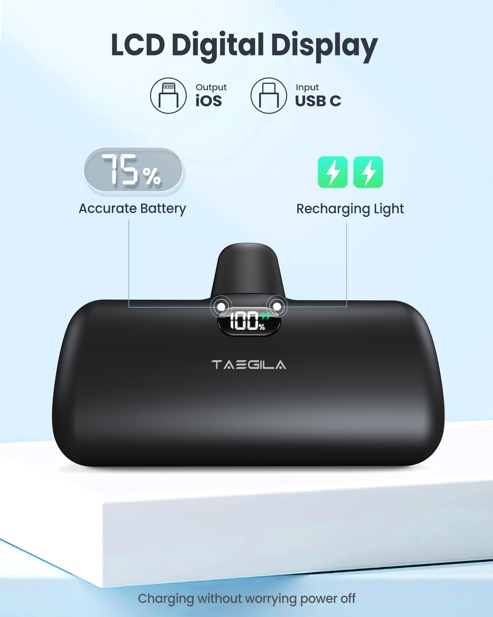 Taegila Portable Phone Charger for iPhone, 5000mAh Small Power Bank MFi Certified Built in Cable LCD Display & LED Light for All iPhone Series 14/13/12/11/XR/X/SE/8/7/6 Pro Max