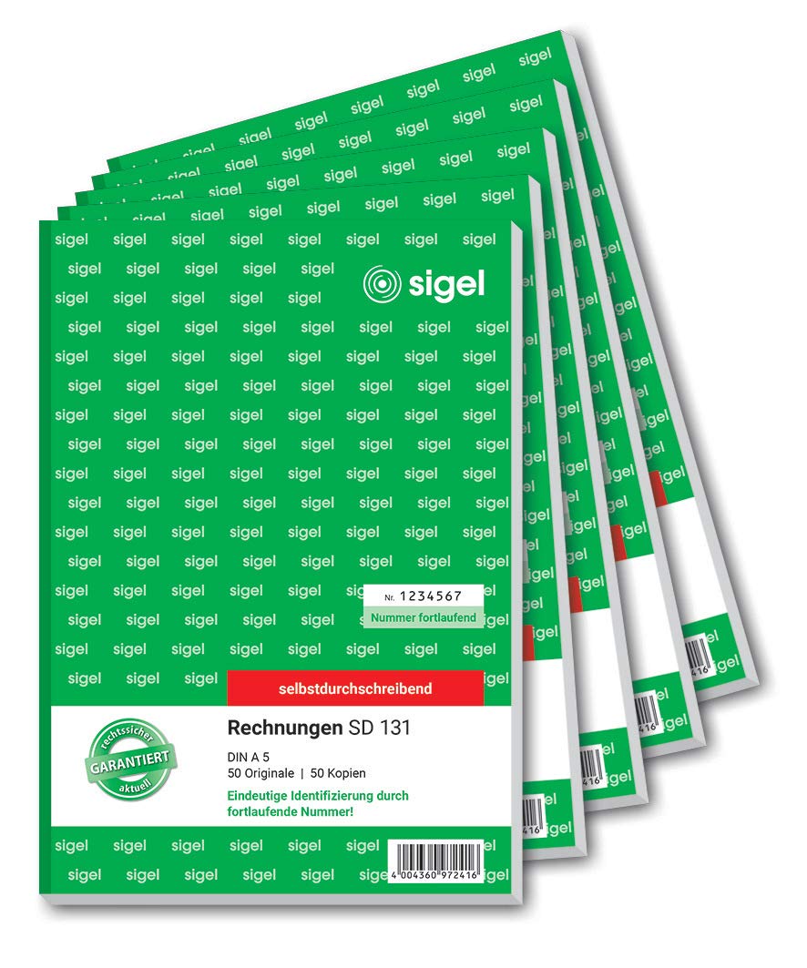 SIGEL SD131/5 Invoices Consecutively Numbered, A5, 2 x 50 Sheets, Self-Copying, Pack of 5