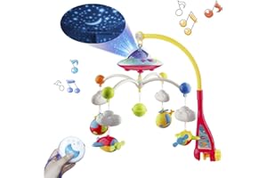 Mini Tudou Musical Baby Crib Mobile Toy with Lights and Music, Star Projector Function and Cartoon Rattles, Remote Control Musical Box with 108 Melodies, Toy for Newborn Sleep
