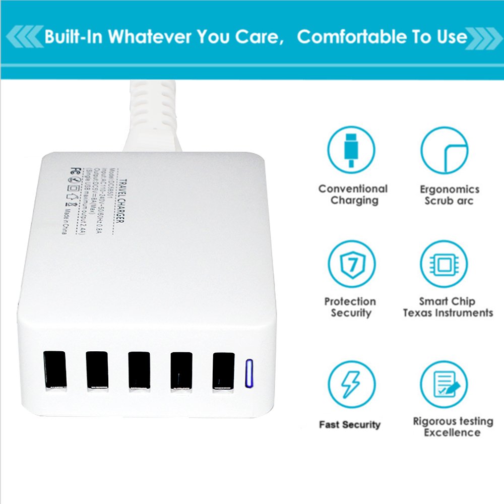 Travel Wall Charger,POWERIVER USB Wall Charger Desktop Charging Station 40W 8A 5-Port High-Speed Charging with iSmart Technology Each Port Max 2.4A