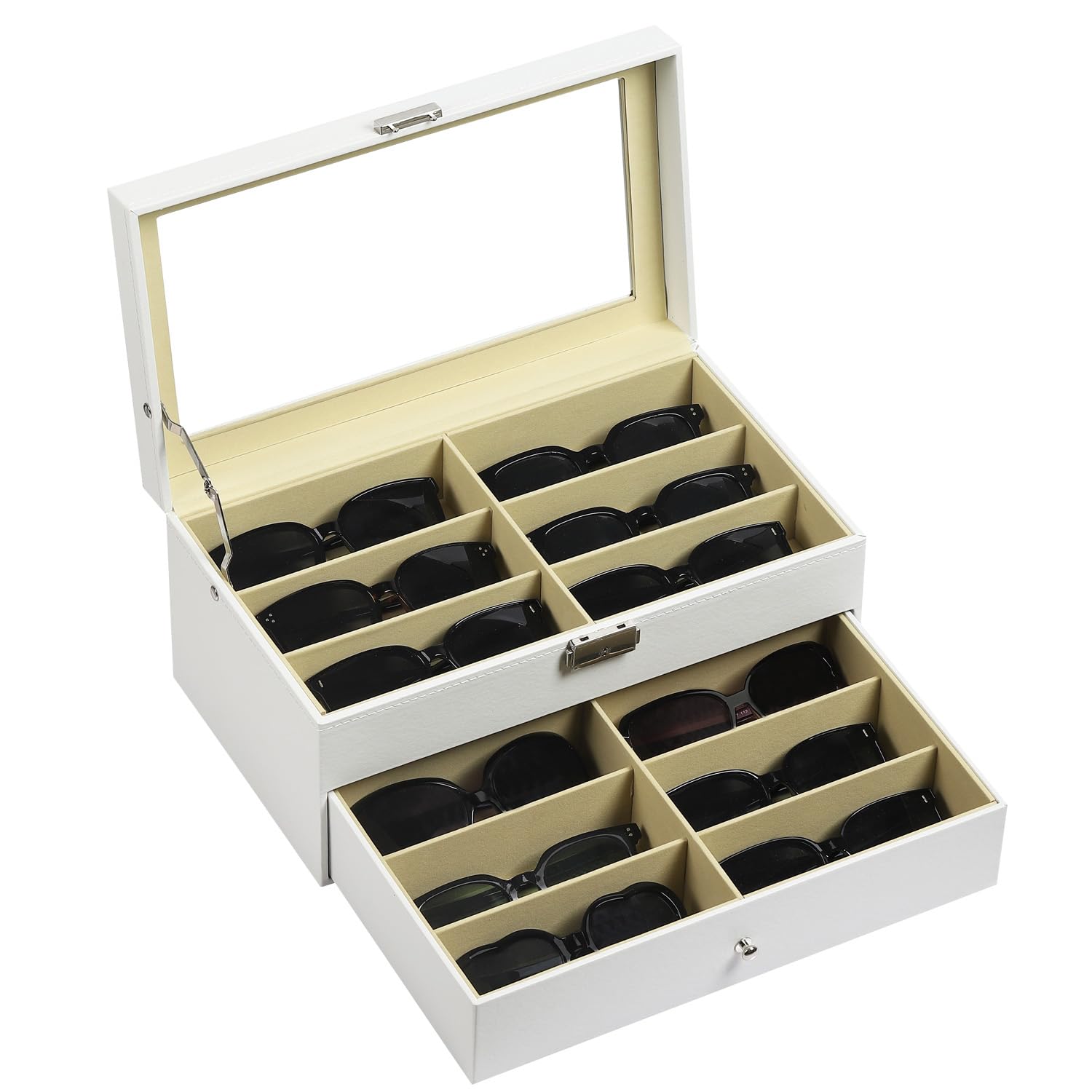 Photo 1 of AUTOARK Leather 12 Piece Eyeglasses Storage and Sunglass Glasses Display Drawer Lockable Case Organizer,White,AW-053