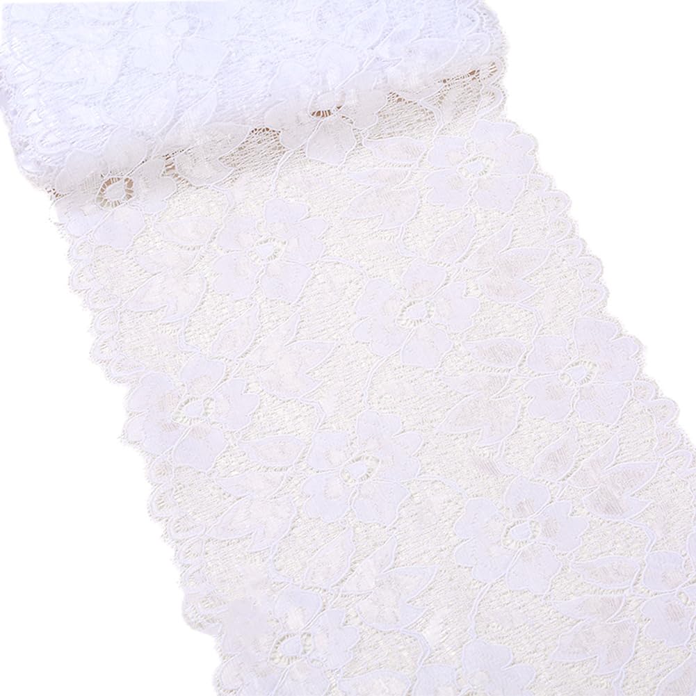 Photo 1 of MSCFTFB 5 Yards Width 6.3 Inch Stretch Lace Trim Fabric Elastic Lace Flowers Ribbon for Garment Craft Embellishment Wedding Baby Shower Table Decorations (White)