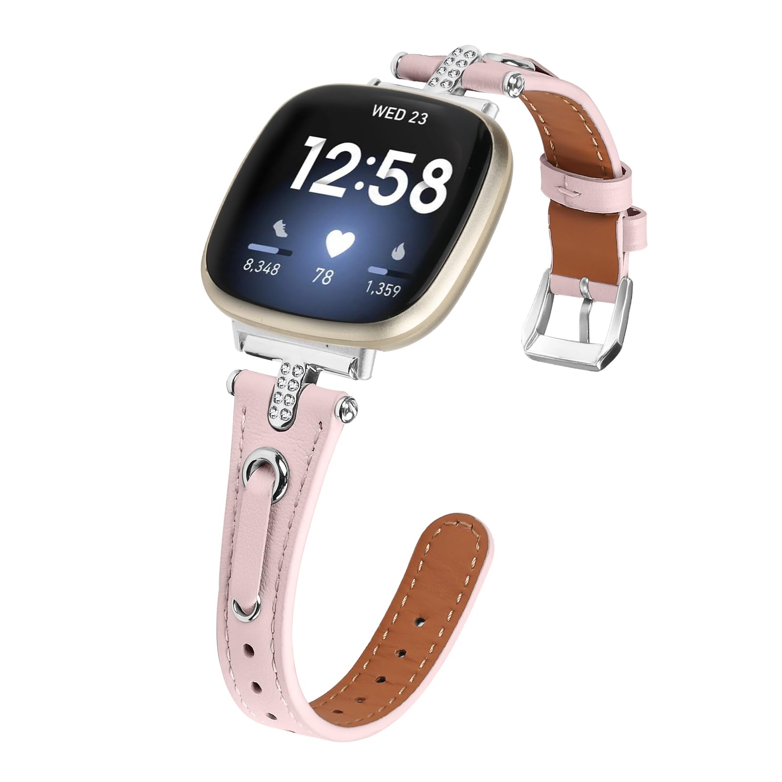 Leather Straps Compatible with Fitbit Versa 4/Versa 3 Strap for Women, Genuine Leather Wristband Metal Bling Rhinestone Replacement Watch Band Strap Bracelet for Sense 2/Sense (Pink/Silver)