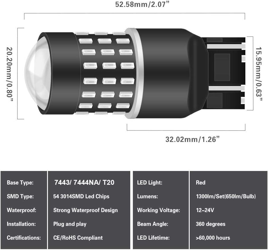 NATGIC 7443 7444NA 7440 7440NA Bulbs Extremely Bright 3014SMD 54-EX Chipsets with Lens Projector for Tail Lights Brake Lights,Red 12-24V(2-Pack) - Image 4