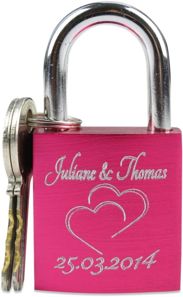 Engraved Line Padlock In Pink Heart Shape with Engraving – Lock with 2 Keys – Gift Idea for Valentine's Day Gift Birthday Present Romantic Gift for Couples