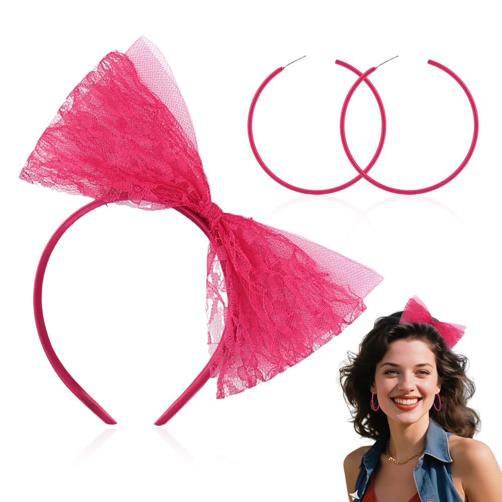 Photo 1 of Halloween 80s Accessories for Women Neon Pink Lace Bow Headband and 80 s Earrings for Women Retro 80s Outfits for Woman Vintage Large Bow Hair Band and 80 s Hoop Earrings for Woman1980s