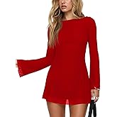 GOBLES Women's Sexy Long Flare Sleeve Boat Neck A-line Mini Cocktail Party Dress