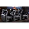 CANMOV Electric Recliner Chairs Set of 3, Breathable Faux Leather Home Theater Seating Recliner with Ambient Lighting, Power Recliner Chairs with USB Ports, Cup Holders, Hidden Arm Storage, Black