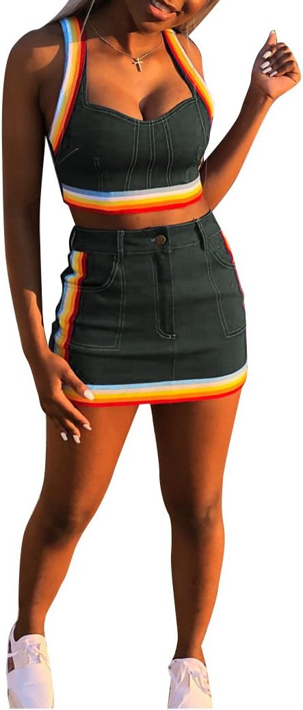 Ophestin Women Sleeveless Denim Rainbow Stripe Tank Crop Top Short Skirts Set 2 Piece Mini Dress