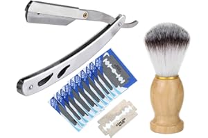 CCbeauty Stainless Steel Barber Men Straight Edge Shaving Razor Knife Handle Badger-hair Beard Shaving Brush Tool Kit and 10Pcs Refill Blades Kit