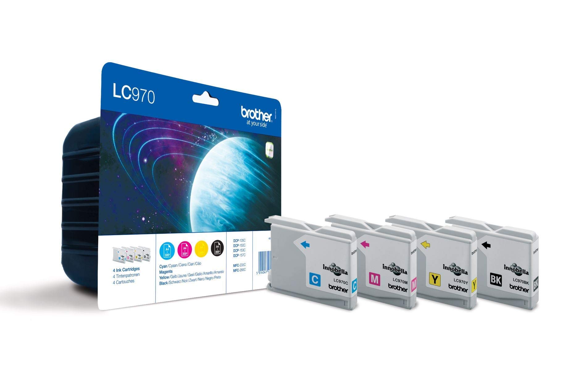 Brother LC-970BK/LC-970C/LC-970M/LC-970Y Inkjet Cartridge, Black/Cyan/Magenta/Yellow, Multi-Pack, Standard Yield, Includes 4 x Inkjet Cartridges, Brother Genuine Supplies LC970VALBP