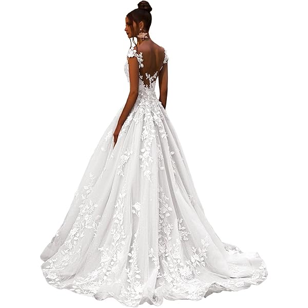 Amazon.com: WIOJEIGO Sparkly Tulle Wedding Dresses Long Lace Appliques Bride  Dress for Women Bridal Gown with Train Ivory US2 : Clothing, Shoes & Jewelry