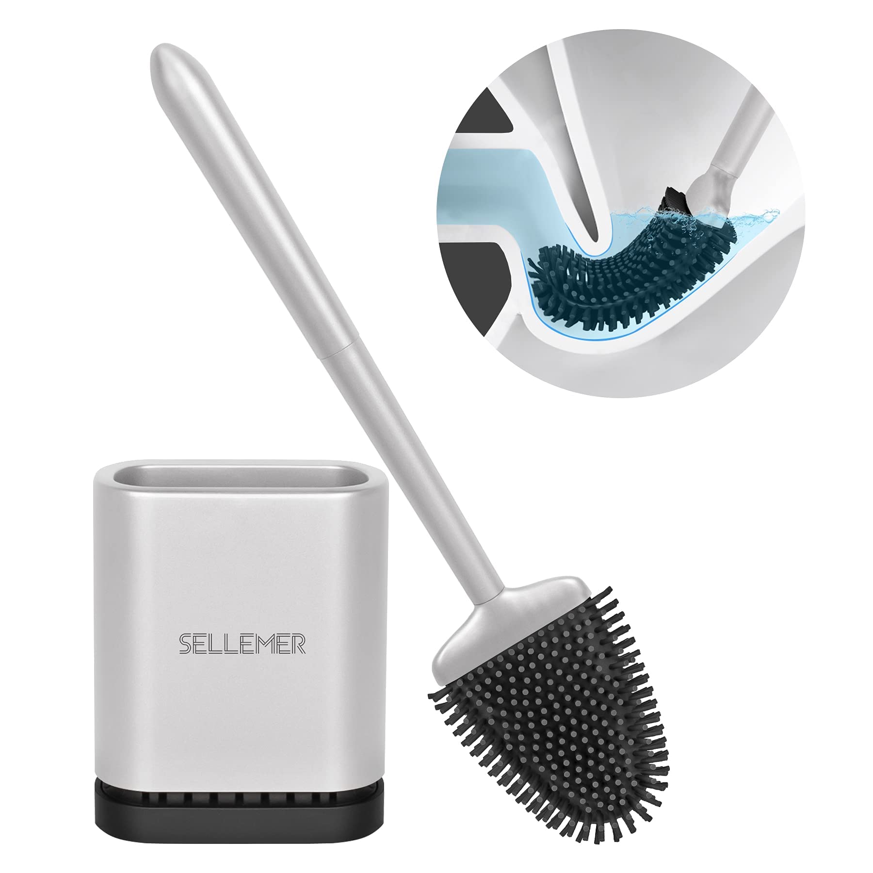 Sellemer Toilet Brush and Holder Set for Bathroom, Flexible Toilet Bowl Brush Head with Silicone Bristles, Ventilation Slots Base (Rose Gold) (Silver, 1Pack)
