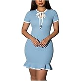 winkbay Women's Summer Tie Neck Ruffle Mini Dress Elegant Short Sleeve Bodycon Cocktail Party Dresses