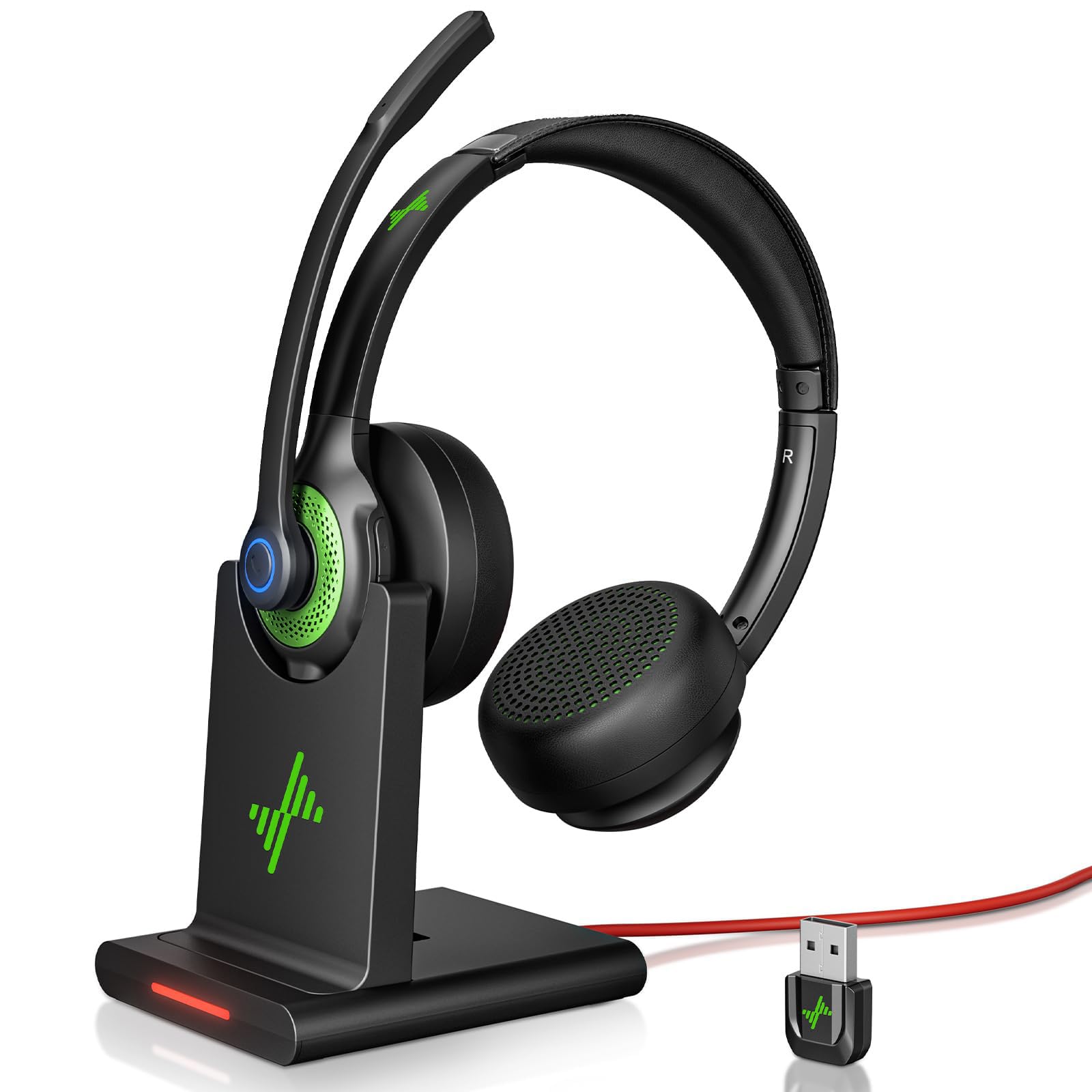 Photo 1 of Wireless Headset with AI Noise Cancelling Microphone Bluetooth Headset - Bluetooth V5.2 Headphones with USB Dongle, Charging Base & Mic Mute for Computer/Laptop/PC/iPhone/Android/Cell Phones-Green