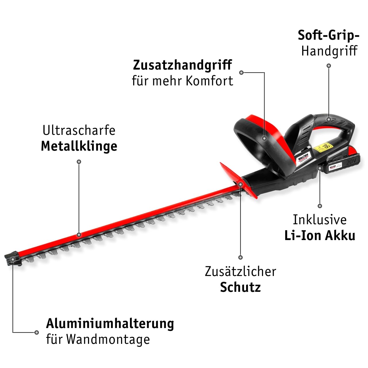 WALTER Li-Ion Akku-Heckenschere 20V, 45cm Schnittlänge, inkl. Zusatzhandgriff für Komfortables Arbeiten, schneidet präzise und ordentlich, scharfes Metall Messer, für längere Gartenarbeit geeignet 2