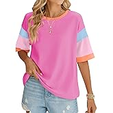 Amilia Women's Crew Neck Color Block Half Sleeve Casual Oversized T Shirts Basic Loose Summer Tunic Tee Tops