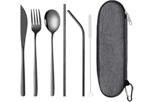 6-Piece Stainless Steel Travel Cutlery Set,Reusable Utensils (Knife/Fork/Spoon/Straw) with Case for Office,Camping & On-The-G