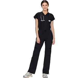 Scrubs for Women Set, V Neck Top & Straight Leg Pants | 6 Pockets, High Elastic Soft Fabric, Drop Shoulder, Slit Hem Yoga Scr