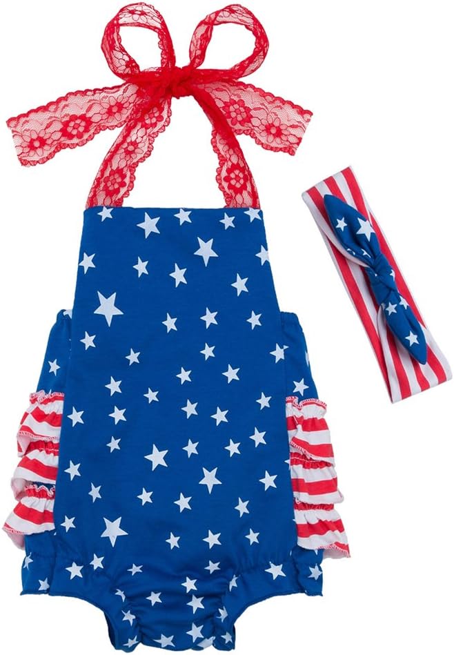 Mulfei 4th of July Toddler Baby Girl American Flag Romper Dress with Headband