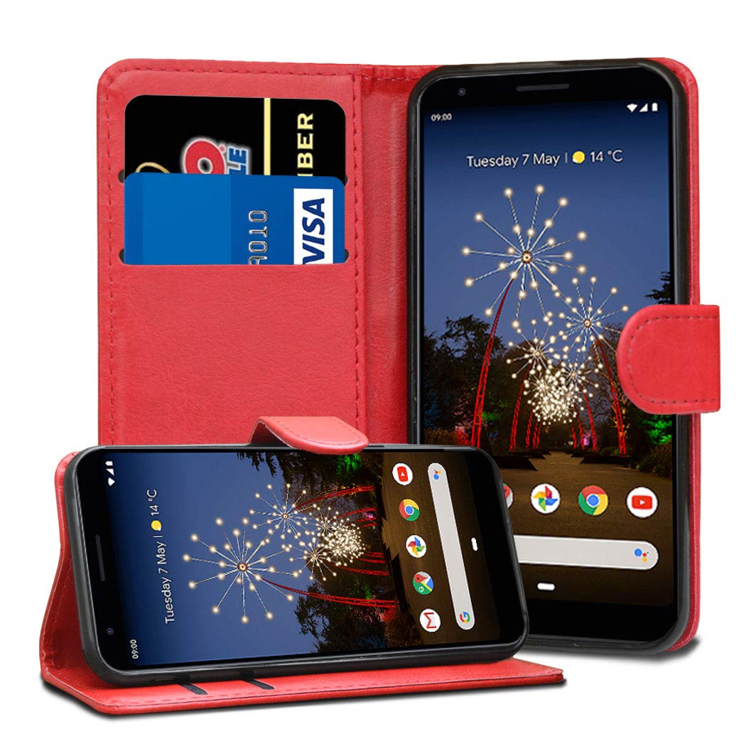 GAPlus Google Pixel 3A XL 6.0" Leather Case - Premium Wallet Case Leather Flip Cover For Google Pixel 3A XL [Card Holder] [Magnetic Closure] (Red)