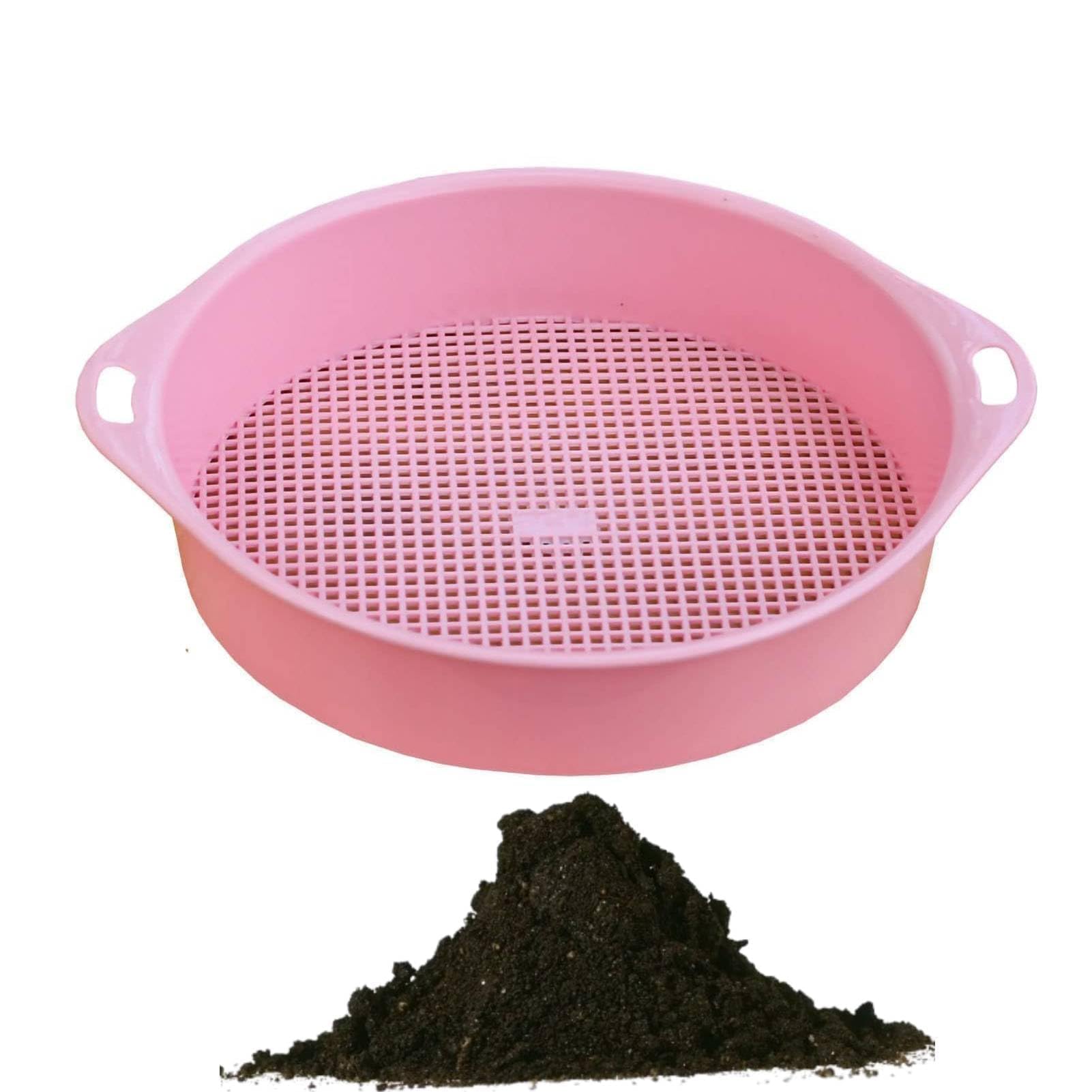 Garden Sieve 3mm Garden Riddle Soil Sifter Mesh Reusable Plastic Garden Stone Sand Soil Seedling Mesh Gardening Tray 3mm Tetragonum Hole Portable Screen Filtering (Pink)