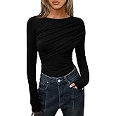 Cicy Bell Womens Long Sleeve Pleated Tops Fall Crew Neck Fitted Shirts Y2k Going Out Casual Ruched Blouse