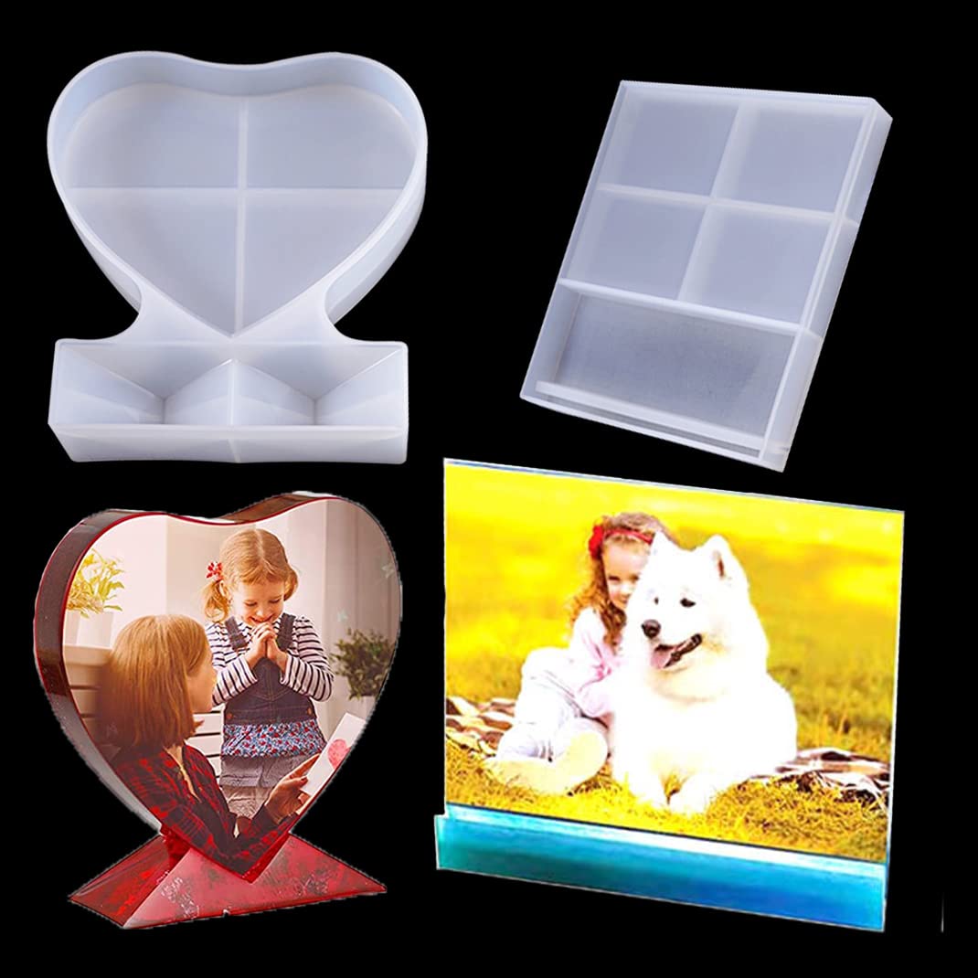 DIYBravo 2 pcs Photo Frame Resin Silicone Moulds with Bases Heart Shape & Rectangle Picture Frame Moulds Molds Epoxy Resin Casting Moulds for DIY Craft Decoration (2 Moulds)