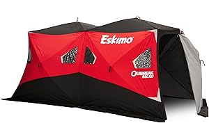Eskimo Outbreak Portable Pop-Up Ice Fishing Shelter, Stormshield Insulated Fabric, No Trip Door, Durable Hub Design, Deluxe Tie Downs, Red/Black