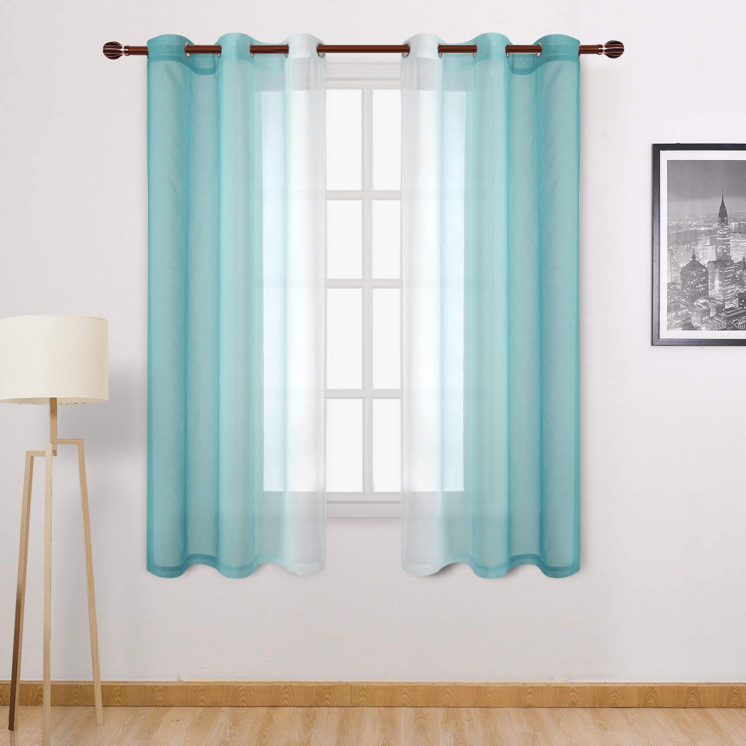 DWCN Ombre Sheer Curtains - Faux Linen Semi Voile Gradient Grommet Top Girl's Bedroom and Living Room Drapes, Set of 2 Window Curtain Panels, 42 x 63 Inch Length, Teal