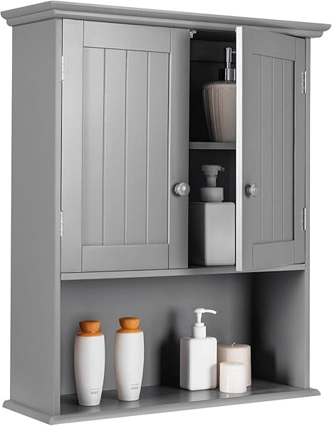 Amazon Com Tangkula Wall Mount Bathroom Cabinet Wooden Medicine Cabinet Storage Organizer With 2 Doors And 1 Shelf Cottage Collection Wall Cabinet Grey Kitchen Dining
