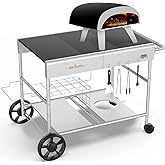 BBQMall Upgraded Pizza Oven Cart Table for Ooni Koda/Karu/Fyra 16 & 12, Movable Thicken & Widen Rolling Kitchen Cart, Outdoor Grill Stand for Ninja Woodfire,Blackstone Griddle,Barbecue Tool Set