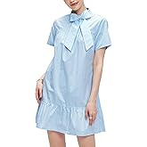 Kedera 2025 Trendy Mini Shirt Dress Bow Neck Short Sleeve Shift Dress Ruffled Hem with Side Pockets